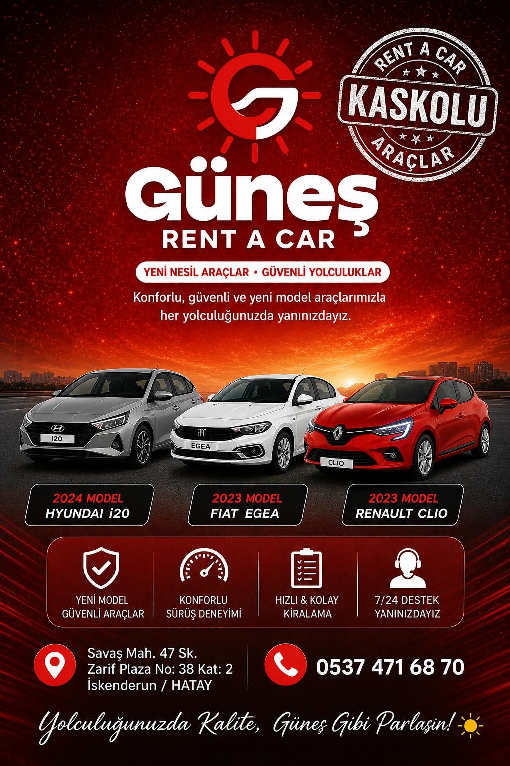 İskenderun Güneş Rent A Car — yeni nesil araçlar, güvenli yolculuklar